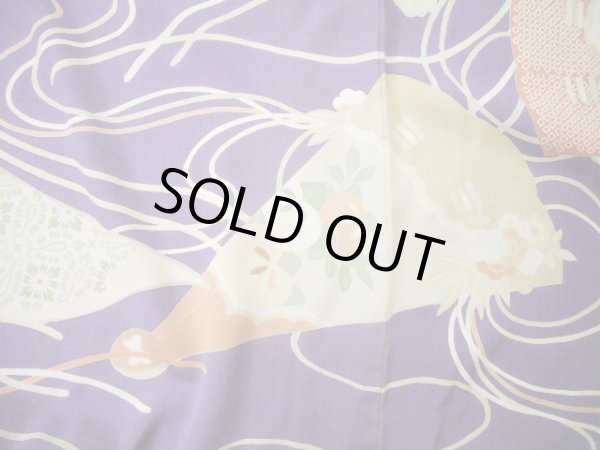 Photo15: F0530A Vintage Japanese Kimono  Dark Wisteria FURISODE long-sleeved Folding fan Silk.  (Grade C) (15)