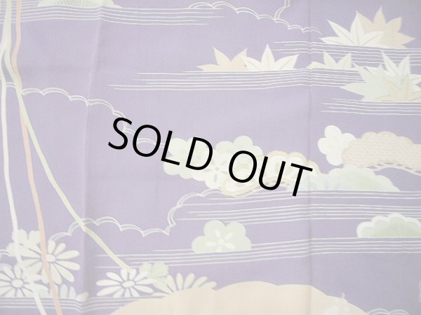 Photo16: F0530A Vintage Japanese Kimono  Dark Wisteria FURISODE long-sleeved Folding fan Silk.  (Grade C) (16)