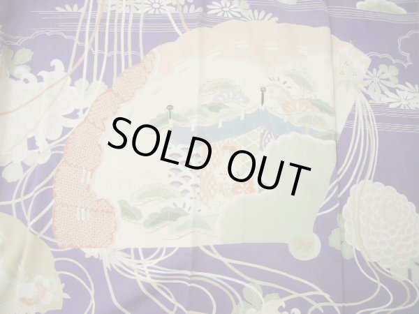 Photo17: F0530A Vintage Japanese Kimono  Dark Wisteria FURISODE long-sleeved Folding fan Silk.  (Grade C) (17)