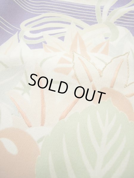 Photo19: F0530A Vintage Japanese Kimono  Dark Wisteria FURISODE long-sleeved Folding fan Silk.  (Grade C) (19)