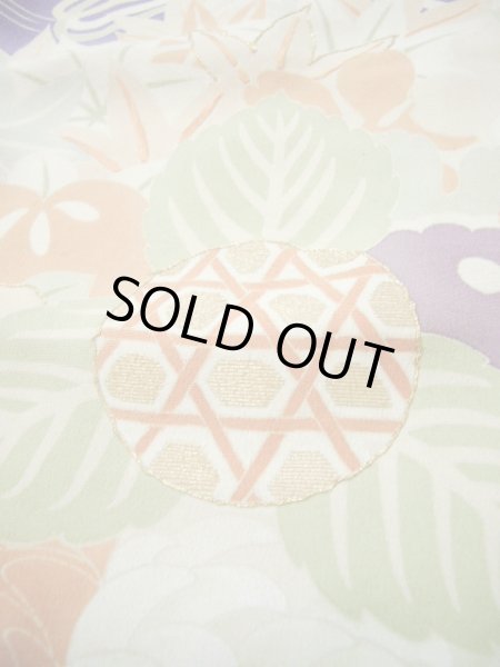 Photo20: F0530A Vintage Japanese Kimono  Dark Wisteria FURISODE long-sleeved Folding fan Silk.  (Grade C) (20)