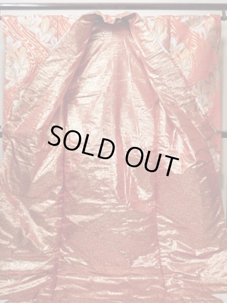 Photo3: Mint F1202B Used Japanese Kimono  Deep Orange UCHIKAKE Wedding by Silk. Flower  (Grade A) (3)