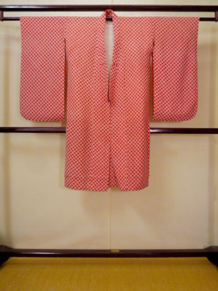 Photo1: G0415Q Used Japanese Kimono   Red JUBAN undergarment by Silk. Dapple pattern, for Kids, KINSHA CHIRIMEN crape (Grade B) (1)