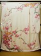 Photo1: Mint G0630H Used Japanese Kimono  Shiny Off White FURISODE long-sleeved by Silk. UME plum bloom  (Grade A) (1)