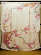 Photo2: Mint G0630H Used Japanese Kimono  Shiny Off White FURISODE long-sleeved by Silk. UME plum bloom  (Grade A) (2)