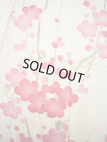 Photo12: Mint G0630H Used Japanese Kimono  Shiny Off White FURISODE long-sleeved by Silk. UME plum bloom  (Grade A) (12)