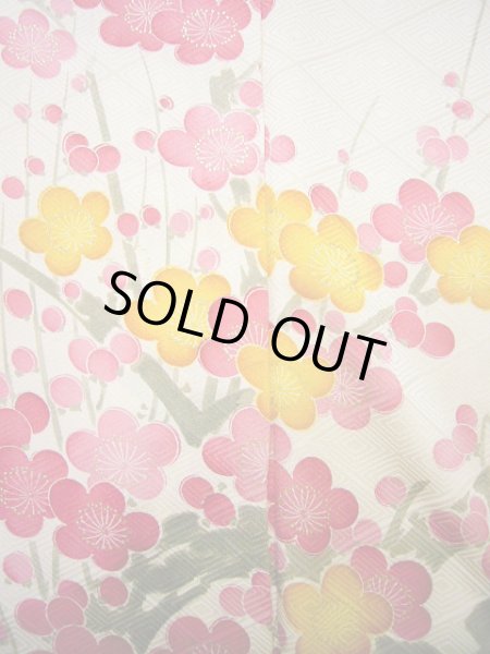 Photo13: Mint G0630H Used Japanese Kimono  Shiny Off White FURISODE long-sleeved by Silk. UME plum bloom  (Grade A) (13)