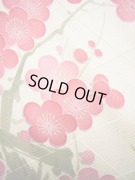Photo15: Mint G0630H Used Japanese Kimono  Shiny Off White FURISODE long-sleeved by Silk. UME plum bloom  (Grade A) (15)