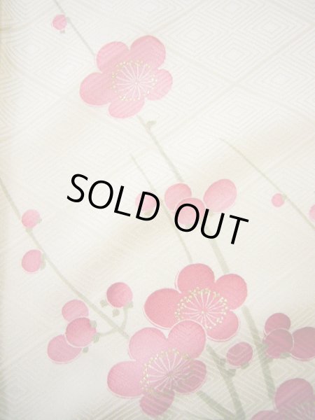 Photo18: Mint G0630H Used Japanese Kimono  Shiny Off White FURISODE long-sleeved by Silk. UME plum bloom  (Grade A) (18)