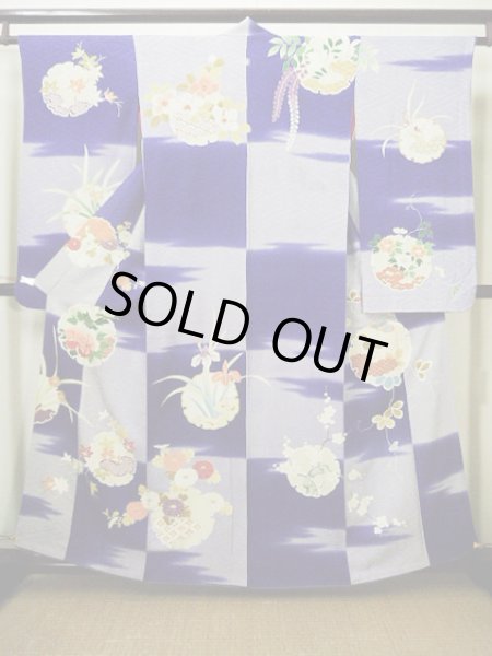 Photo1: G0630M Used Japanese Kimono  Bright Navy Blue FURISODE long-sleeved by Silk. Peony  (Grade C) (1)