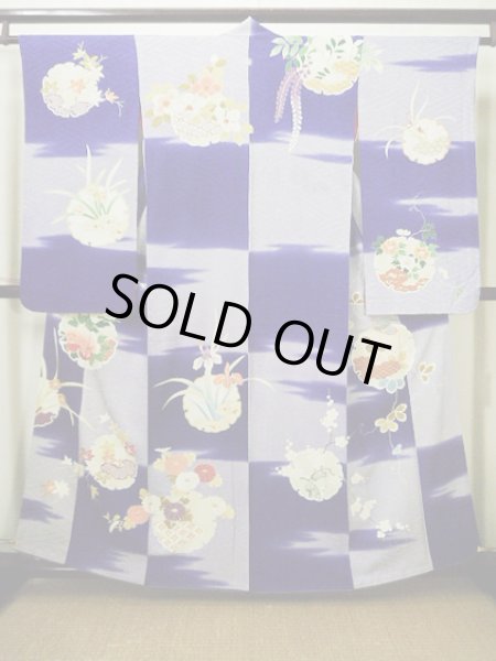 Photo2: G0630M Used Japanese Kimono  Bright Navy Blue FURISODE long-sleeved by Silk. Peony  (Grade C) (2)