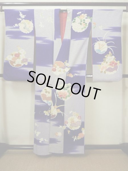 Photo3: G0630M Used Japanese Kimono  Bright Navy Blue FURISODE long-sleeved by Silk. Peony  (Grade C) (3)