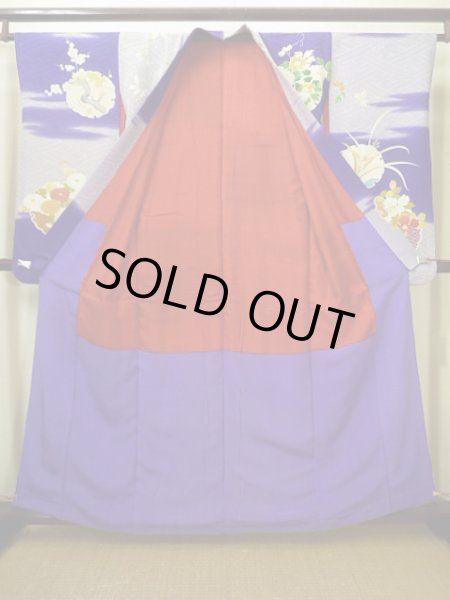 Photo4: G0630M Used Japanese Kimono  Bright Navy Blue FURISODE long-sleeved by Silk. Peony  (Grade C) (4)