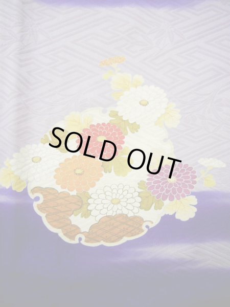 Photo6: G0630M Used Japanese Kimono  Bright Navy Blue FURISODE long-sleeved by Silk. Peony  (Grade C) (6)