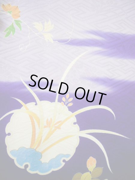 Photo7: G0630M Used Japanese Kimono  Bright Navy Blue FURISODE long-sleeved by Silk. Peony  (Grade C) (7)