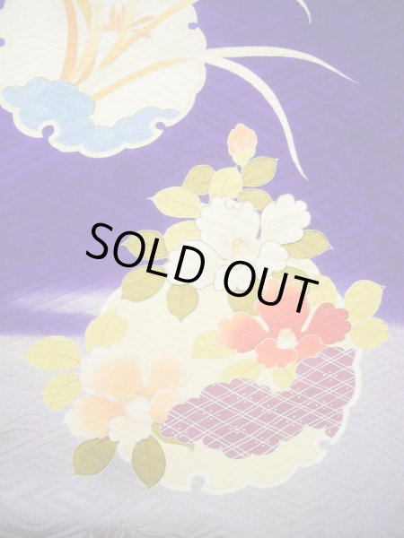 Photo8: G0630M Used Japanese Kimono  Bright Navy Blue FURISODE long-sleeved by Silk. Peony  (Grade C) (8)