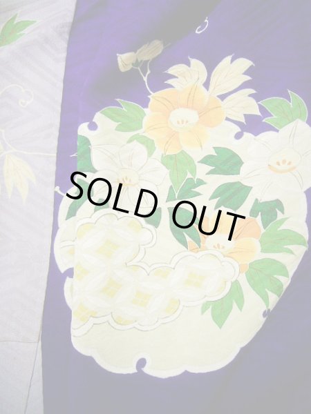 Photo9: G0630M Used Japanese Kimono  Bright Navy Blue FURISODE long-sleeved by Silk. Peony  (Grade C) (9)