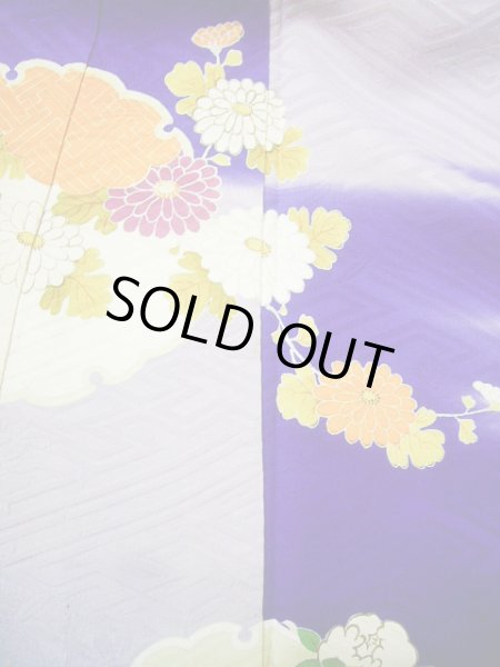 Photo10: G0630M Used Japanese Kimono  Bright Navy Blue FURISODE long-sleeved by Silk. Peony  (Grade C) (10)