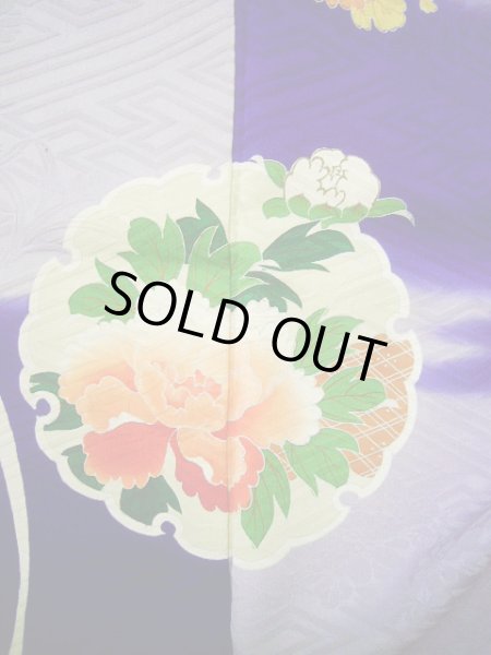 Photo11: G0630M Used Japanese Kimono  Bright Navy Blue FURISODE long-sleeved by Silk. Peony  (Grade C) (11)