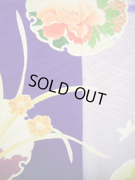 Photo12: G0630M Used Japanese Kimono  Bright Navy Blue FURISODE long-sleeved by Silk. Peony  (Grade C) (12)