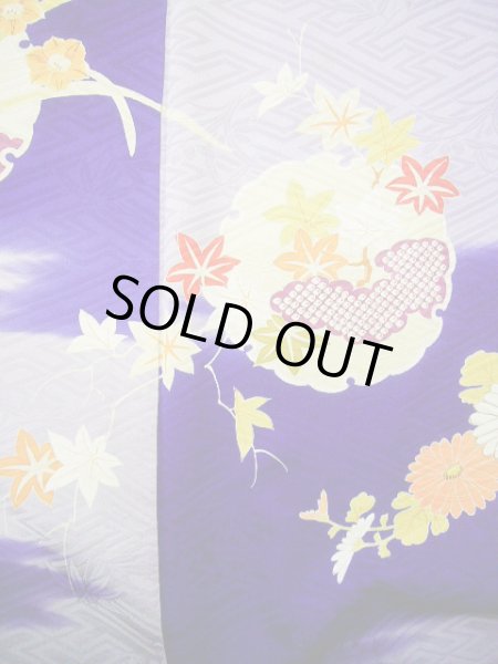 Photo13: G0630M Used Japanese Kimono  Bright Navy Blue FURISODE long-sleeved by Silk. Peony  (Grade C) (13)