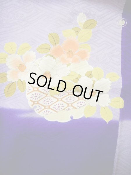 Photo16: G0630M Used Japanese Kimono  Bright Navy Blue FURISODE long-sleeved by Silk. Peony  (Grade C) (16)