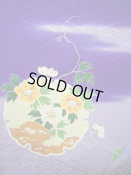 Photo20: G0630M Used Japanese Kimono  Bright Navy Blue FURISODE long-sleeved by Silk. Peony  (Grade C) (20)