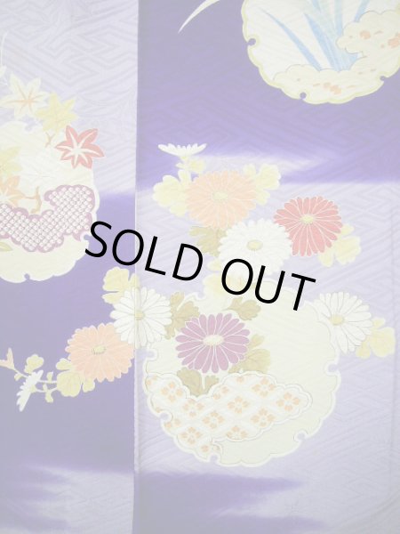 Photo22: G0630M Used Japanese Kimono  Bright Navy Blue FURISODE long-sleeved by Silk. Peony  (Grade C) (22)