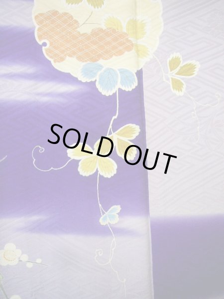 Photo24: G0630M Used Japanese Kimono  Bright Navy Blue FURISODE long-sleeved by Silk. Peony  (Grade C) (24)