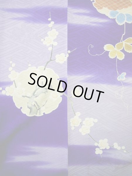 Photo25: G0630M Used Japanese Kimono  Bright Navy Blue FURISODE long-sleeved by Silk. Peony  (Grade C) (25)