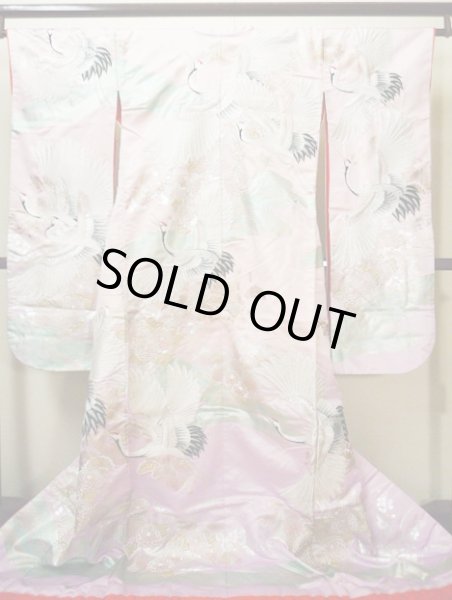 Photo3: G0805F Used Japanese Kimono Shiny Light Pink UCHIKAKE Wedding by Silk. Crane  (Grade A) (3)