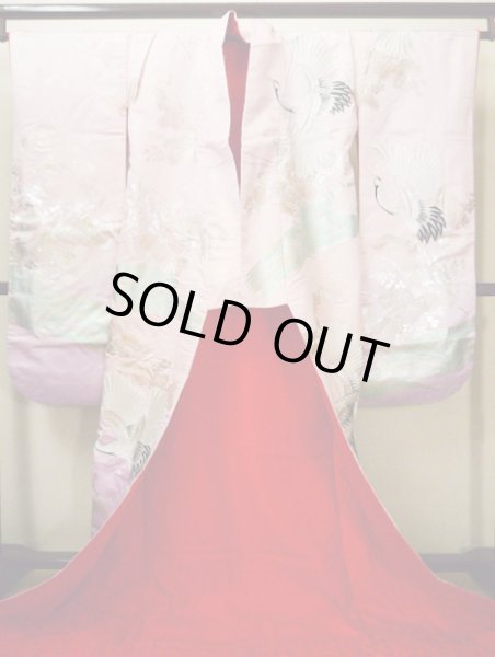 Photo4: G0805F Used Japanese Kimono Shiny Light Pink UCHIKAKE Wedding by Silk. Crane  (Grade A) (4)