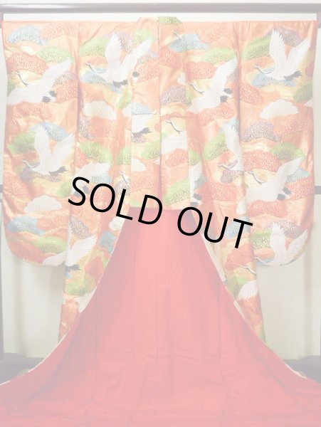 Photo4: G0805I Used Japanese Kimono  Shiny Vermilion UCHIKAKE Wedding by Silk. Crane  (Grade A) (4)