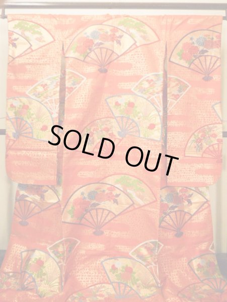 Photo2: Mint G0805L Used Japanese Kimono  Smoky Orange UCHIKAKE Wedding by Silk. Folding fan  (Grade A) (2)