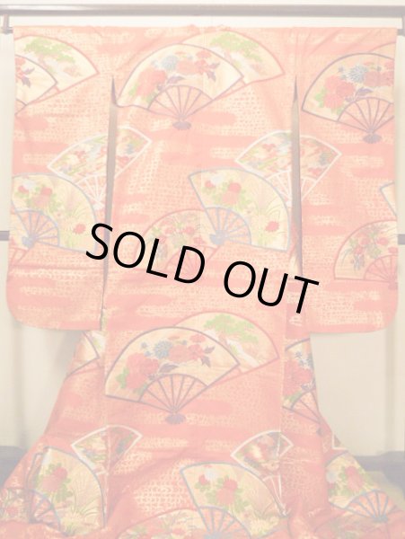 Photo3: Mint G0805L Used Japanese Kimono  Smoky Orange UCHIKAKE Wedding by Silk. Folding fan  (Grade A) (3)