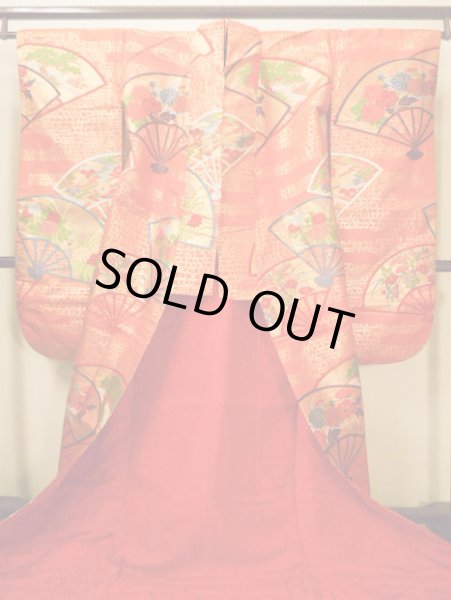 Photo4: Mint G0805L Used Japanese Kimono  Smoky Orange UCHIKAKE Wedding by Silk. Folding fan  (Grade A) (4)