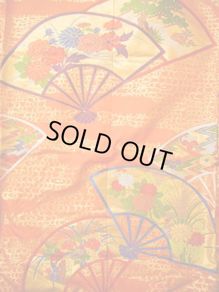 Photo9: Mint G0805L Used Japanese Kimono  Smoky Orange UCHIKAKE Wedding by Silk. Folding fan  (Grade A) (9)