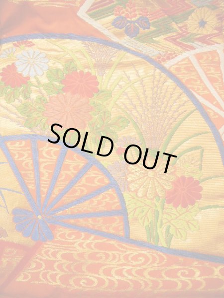 Photo13: Mint G0805L Used Japanese Kimono  Smoky Orange UCHIKAKE Wedding by Silk. Folding fan  (Grade A) (13)