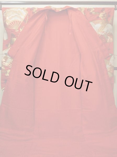 Photo5: Mint G0805O Used Japanese Kimono  Deep Red UCHIKAKE Wedding by Silk. Folding fan  (Grade A) (5)