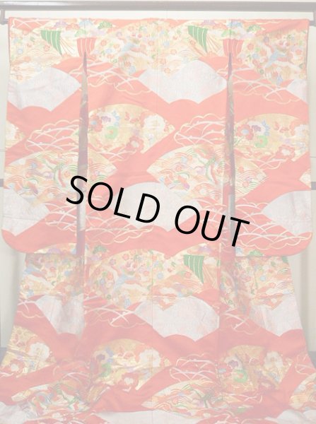 Photo2: G0805S Used Japanese Kimono   Vermilion UCHIKAKE Wedding by Silk. Folding fan  (Grade A) (2)
