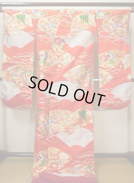 Photo3: G0805S Used Japanese Kimono   Vermilion UCHIKAKE Wedding by Silk. Folding fan  (Grade A) (3)