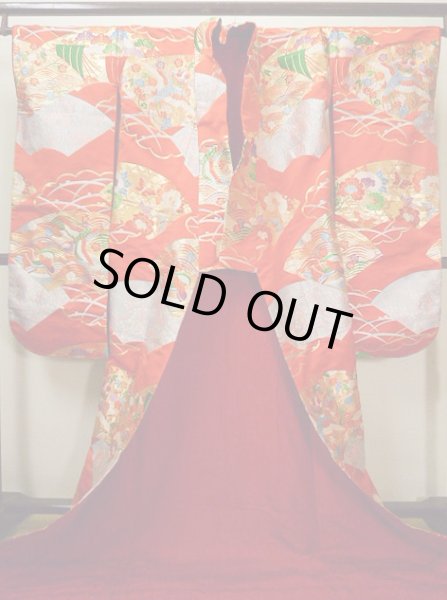 Photo5: G0805S Used Japanese Kimono   Vermilion UCHIKAKE Wedding by Silk. Folding fan  (Grade A) (5)