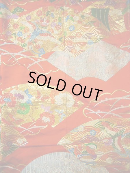 Photo6: G0805S Used Japanese Kimono   Vermilion UCHIKAKE Wedding by Silk. Folding fan  (Grade A) (6)