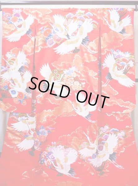 Photo2: G0805V Used Japanese Kimono  Bright Red UCHIKAKE Wedding by Silk. Crane  (Grade A) (2)