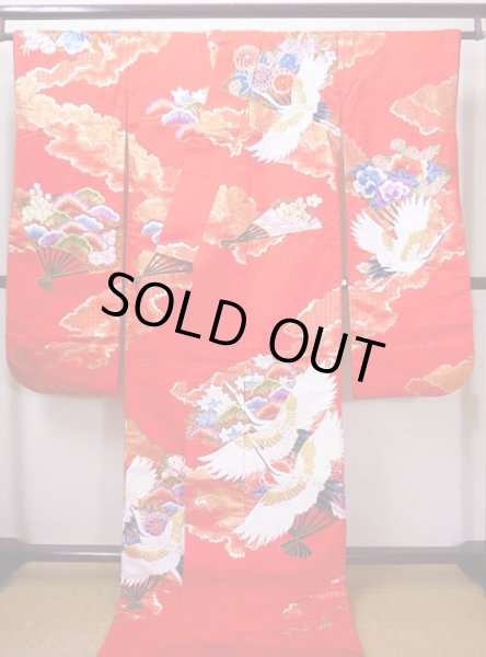 Photo3: G0805V Used Japanese Kimono  Bright Red UCHIKAKE Wedding by Silk. Crane  (Grade A) (3)