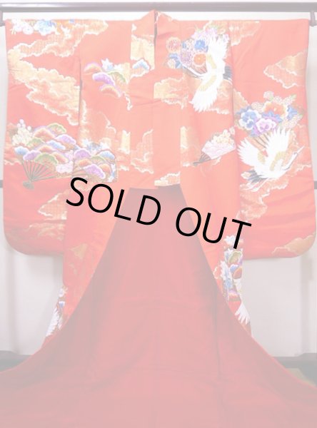 Photo5: G0805V Used Japanese Kimono  Bright Red UCHIKAKE Wedding by Silk. Crane  (Grade A) (5)