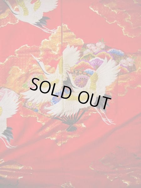 Photo13: G0805V Used Japanese Kimono  Bright Red UCHIKAKE Wedding by Silk. Crane  (Grade A) (13)