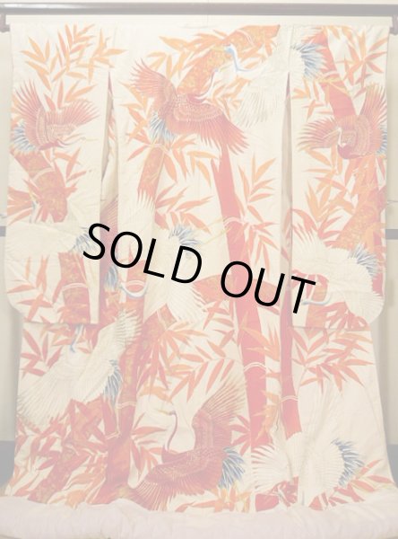 Photo2: G0805Z Used Japanese Kimono   Vermilion UCHIKAKE Wedding by Silk. Crane, YUZEN, The bottom is covered. (Grade B) (2)