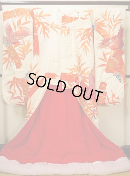 Photo5: G0805Z Used Japanese Kimono   Vermilion UCHIKAKE Wedding by Silk. Crane, YUZEN, The bottom is covered. (Grade B) (5)