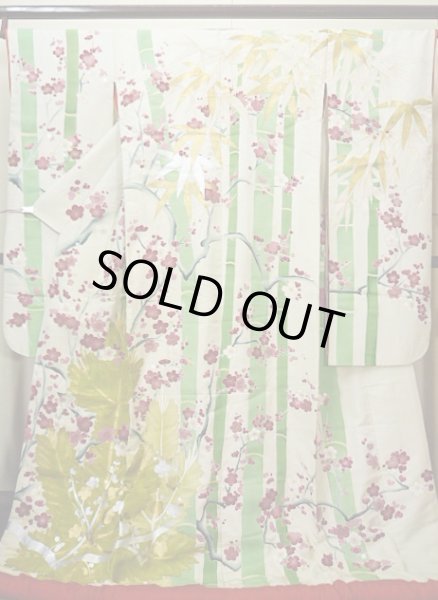 Photo1: G0826B Used Japanese Kimono  Smoky Off White UCHIKAKE Wedding by Silk. UME plum bloom  (Grade C) (1)